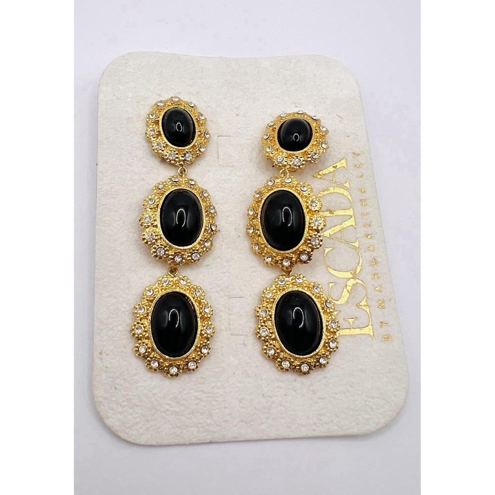 Vintage Escada By Margaretha Ley Gold Tone Onyx & Crystal Drop5 Clip On Earrings